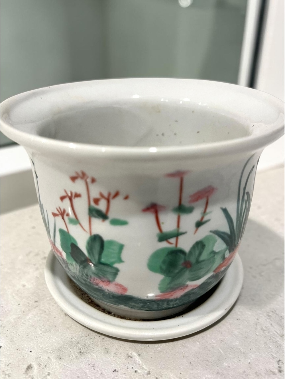 Mid-Atlantic Pottery Hand Painted Floral Planter Saucer Asian Lotus Succulent